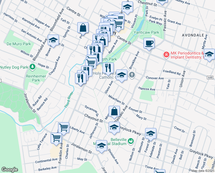 map of restaurants, bars, coffee shops, grocery stores, and more near 24 Gless Avenue in Nutley