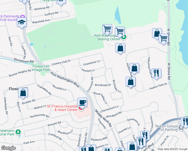 map of restaurants, bars, coffee shops, grocery stores, and more near 9 The Spur in Port Washington