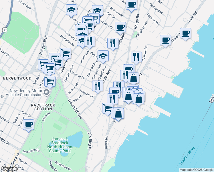 map of restaurants, bars, coffee shops, grocery stores, and more near 136 Cedar Street in Cliffside Park