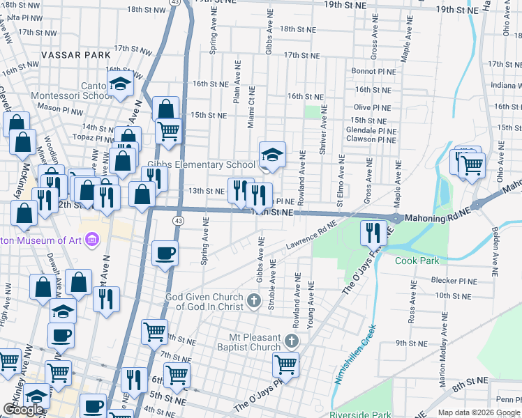 map of restaurants, bars, coffee shops, grocery stores, and more near 1043 12th Street Northeast in Canton