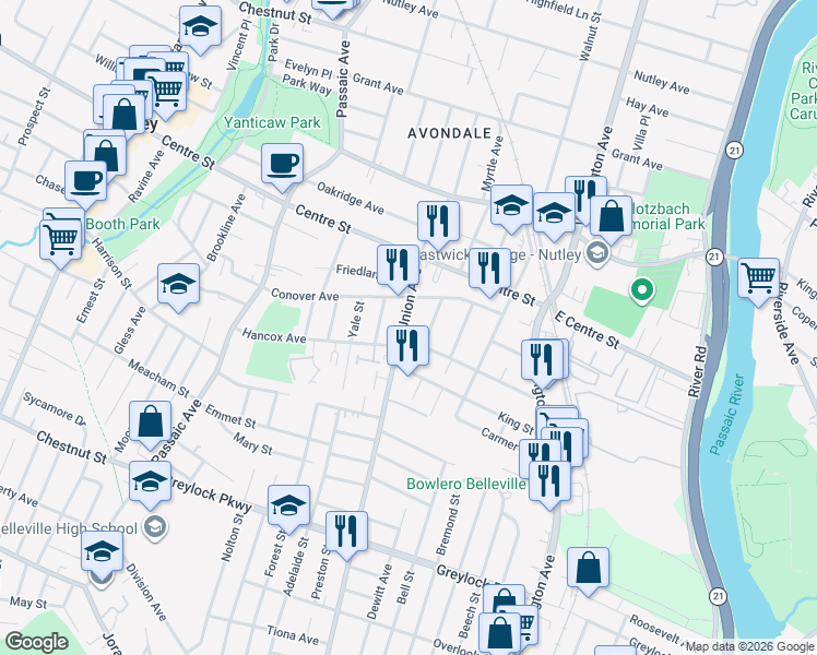 map of restaurants, bars, coffee shops, grocery stores, and more near 15 Princeton Street in Nutley