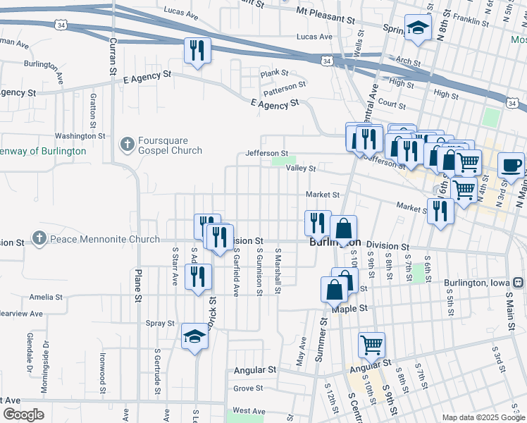 map of restaurants, bars, coffee shops, grocery stores, and more near 116 South Gunnison Street in Burlington