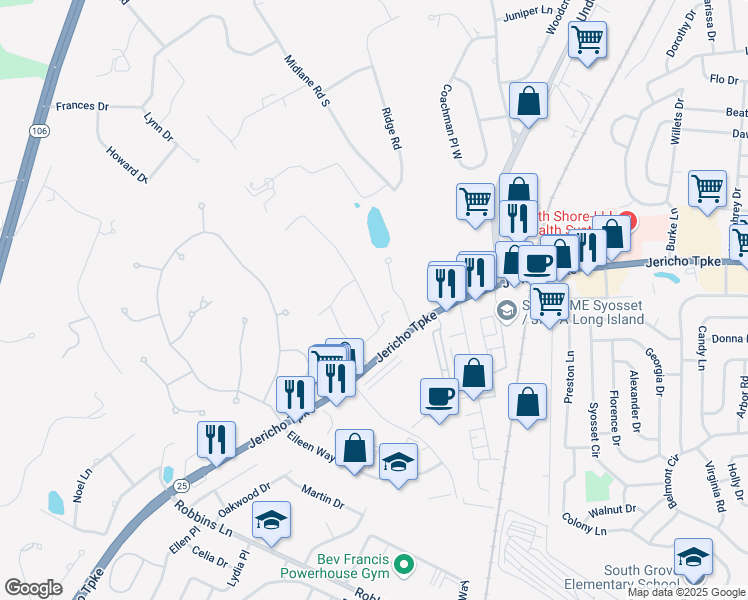 map of restaurants, bars, coffee shops, grocery stores, and more near 70 Stirrup Lane in Syosset