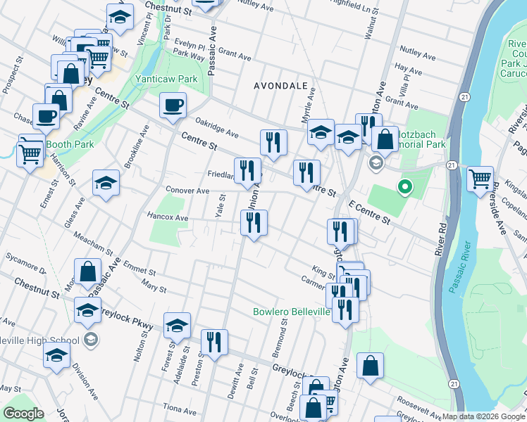 map of restaurants, bars, coffee shops, grocery stores, and more near 15 Princeton St in Nutley