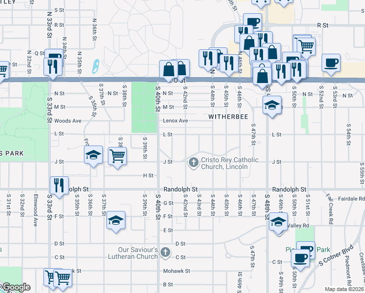 map of restaurants, bars, coffee shops, grocery stores, and more near 443 South 42nd Street in Lincoln