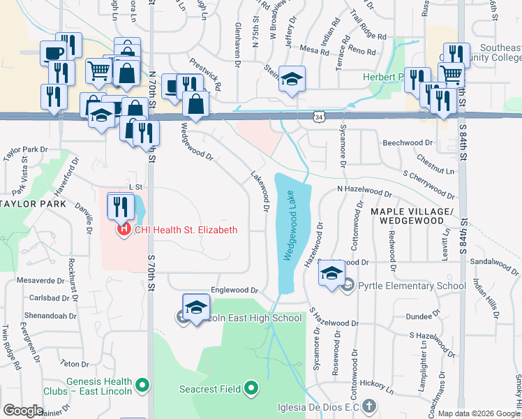 map of restaurants, bars, coffee shops, grocery stores, and more near 511 Lakewood Drive in Lincoln