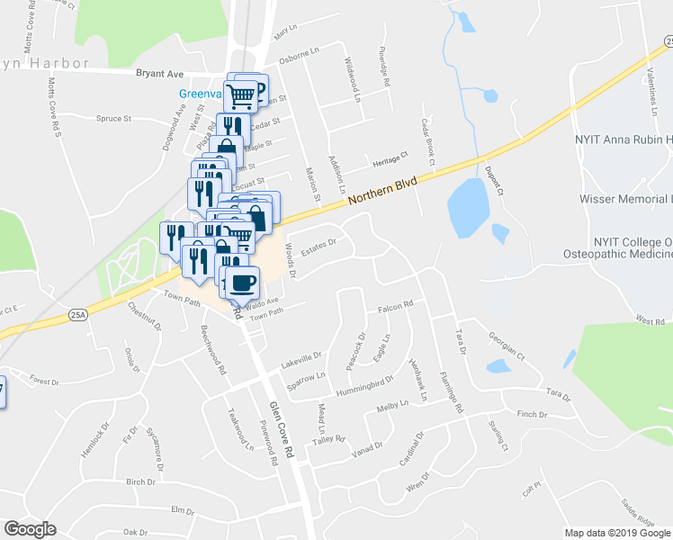 map of restaurants, bars, coffee shops, grocery stores, and more near 78 Woods Drive in Roslyn