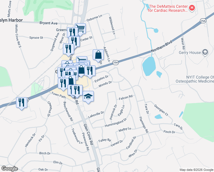 map of restaurants, bars, coffee shops, grocery stores, and more near 70 Woods Drive in Roslyn