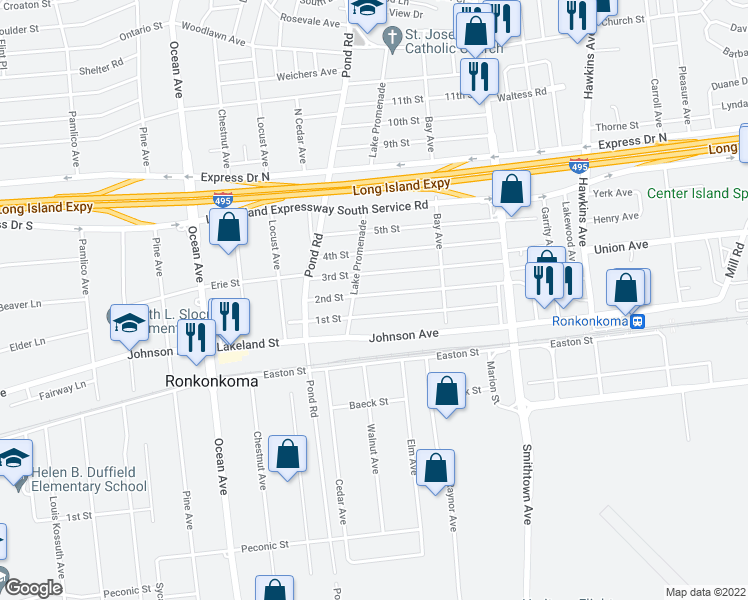 map of restaurants, bars, coffee shops, grocery stores, and more near 56 2nd Street in Lake Ronkonkoma