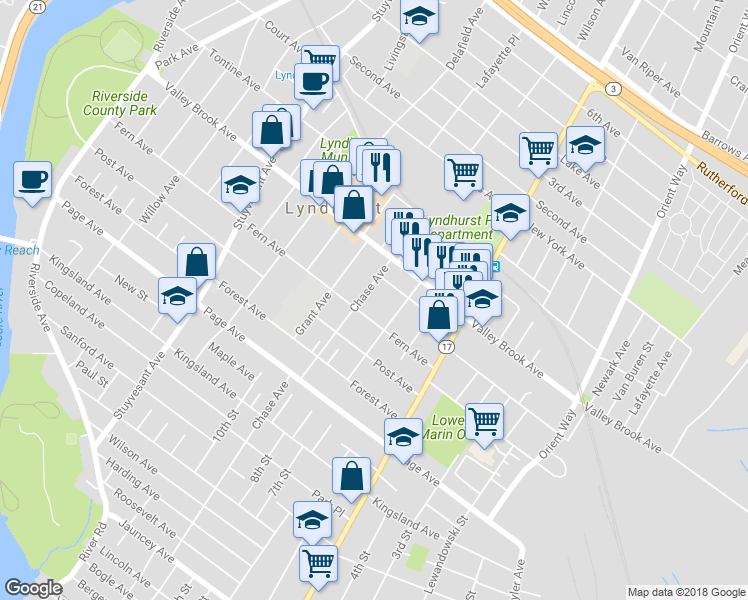 map of restaurants, bars, coffee shops, grocery stores, and more near 340 Chase Avenue in Lyndhurst