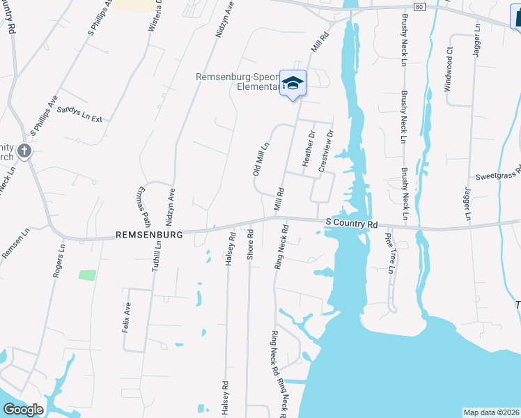 map of restaurants, bars, coffee shops, grocery stores, and more near 88 South Country Road in Remsenburg-Speonk