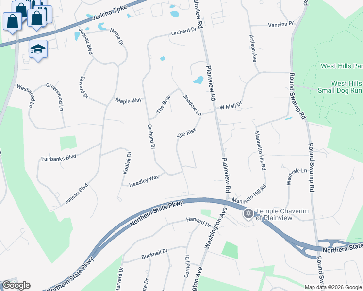 map of restaurants, bars, coffee shops, grocery stores, and more near 11 The Rise in Woodbury