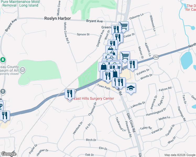 map of restaurants, bars, coffee shops, grocery stores, and more near 1 Northern Boulevard in Greenvale