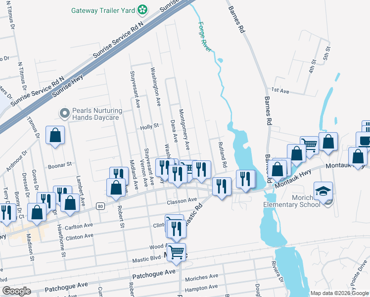 map of restaurants, bars, coffee shops, grocery stores, and more near 28 Montgomery Avenue in Mastic