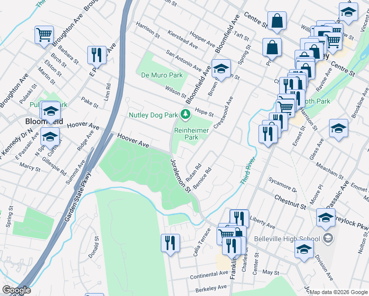 map of restaurants, bars, coffee shops, grocery stores, and more near 2 Morse Place in Belleville