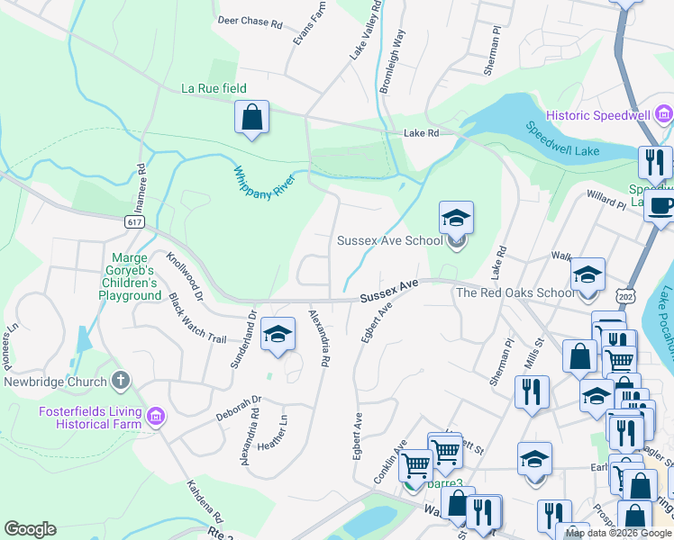 map of restaurants, bars, coffee shops, grocery stores, and more near 16 Lake Valley Road in Morristown