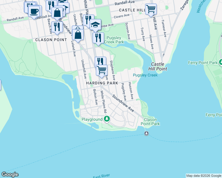map of restaurants, bars, coffee shops, grocery stores, and more near 158 Newman Avenue in Bronx