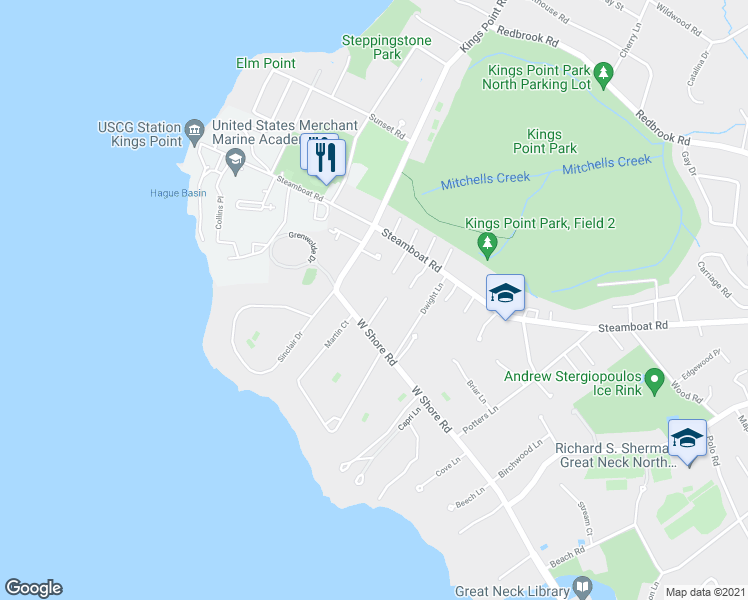 map of restaurants, bars, coffee shops, grocery stores, and more near 203A West Shore Road in Great Neck