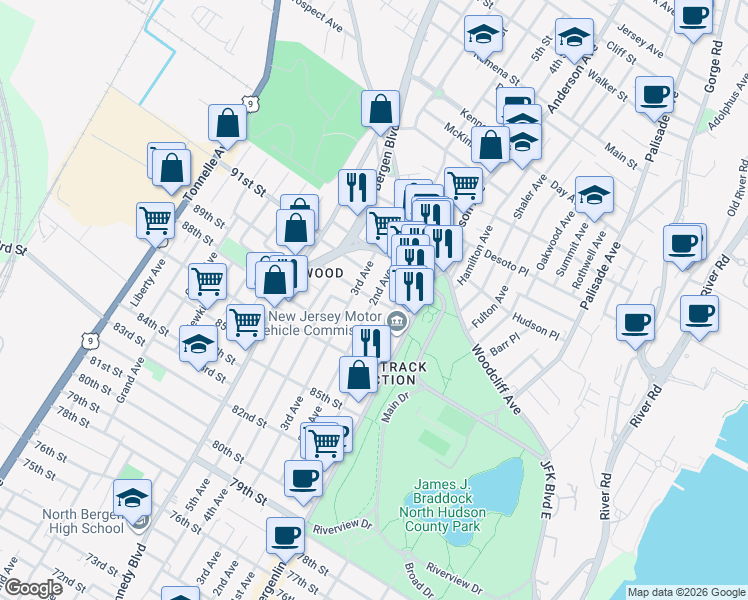 map of restaurants, bars, coffee shops, grocery stores, and more near 2nd Ave & 90th St in North Bergen