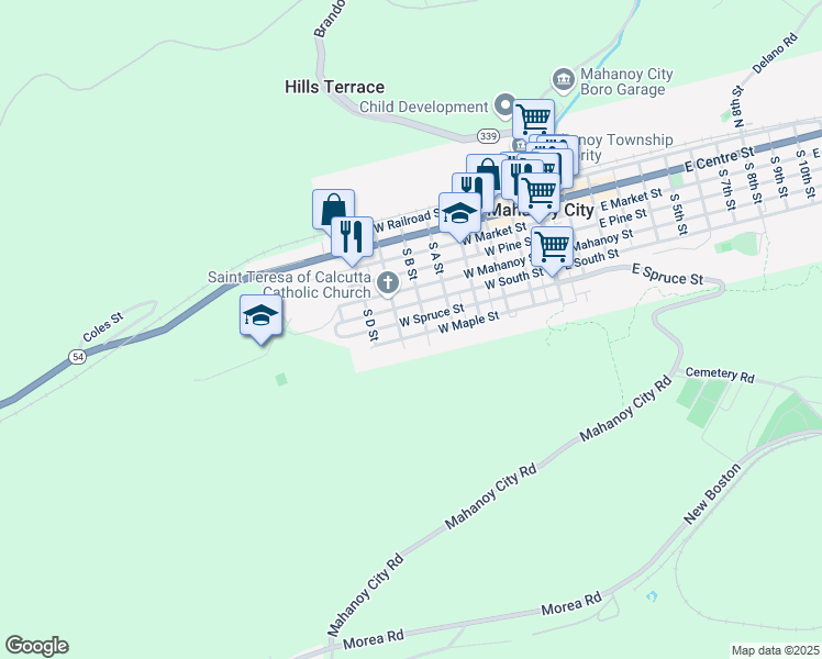 map of restaurants, bars, coffee shops, grocery stores, and more near 522 West Spruce Street in Mahanoy City