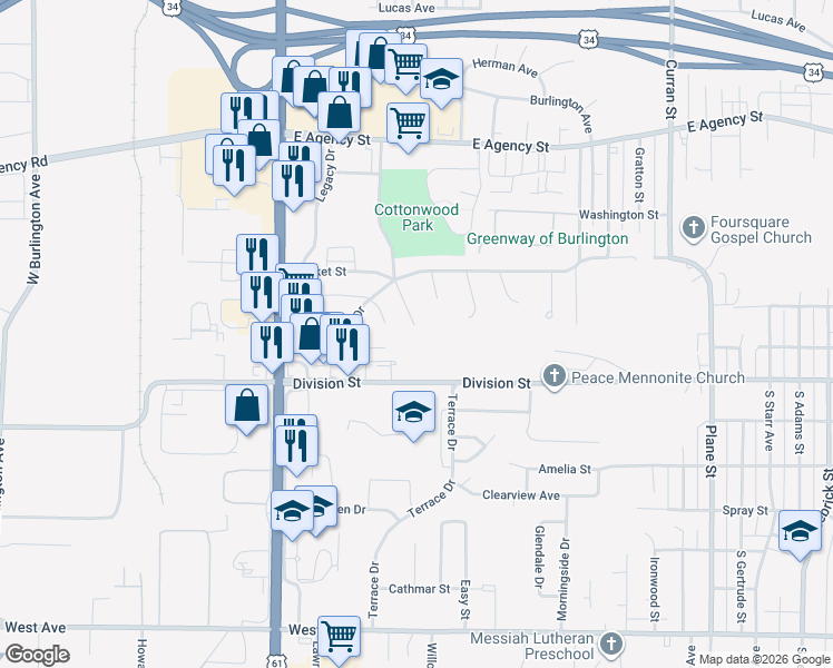 map of restaurants, bars, coffee shops, grocery stores, and more near 134 Cottonwood Court in Burlington