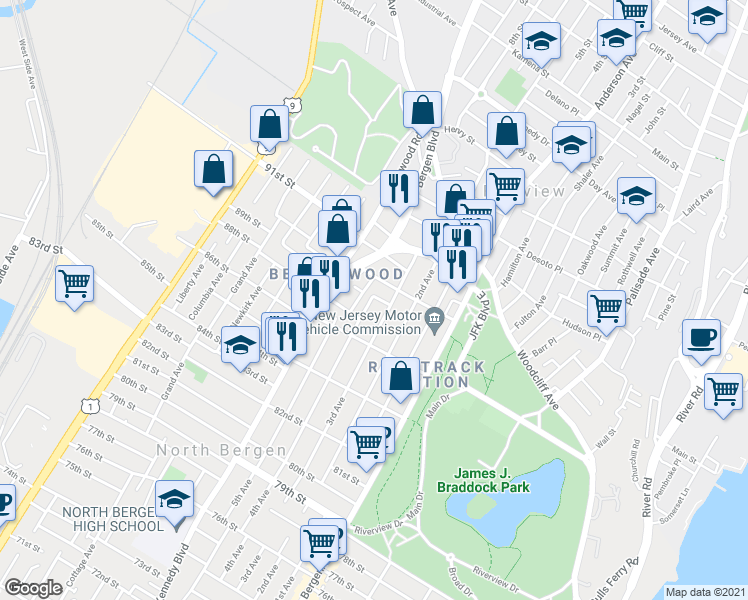 map of restaurants, bars, coffee shops, grocery stores, and more near 8822 89th Street in North Bergen