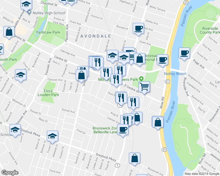 map of restaurants, bars, coffee shops, grocery stores, and more near 80 Saint Marys Place in Nutley