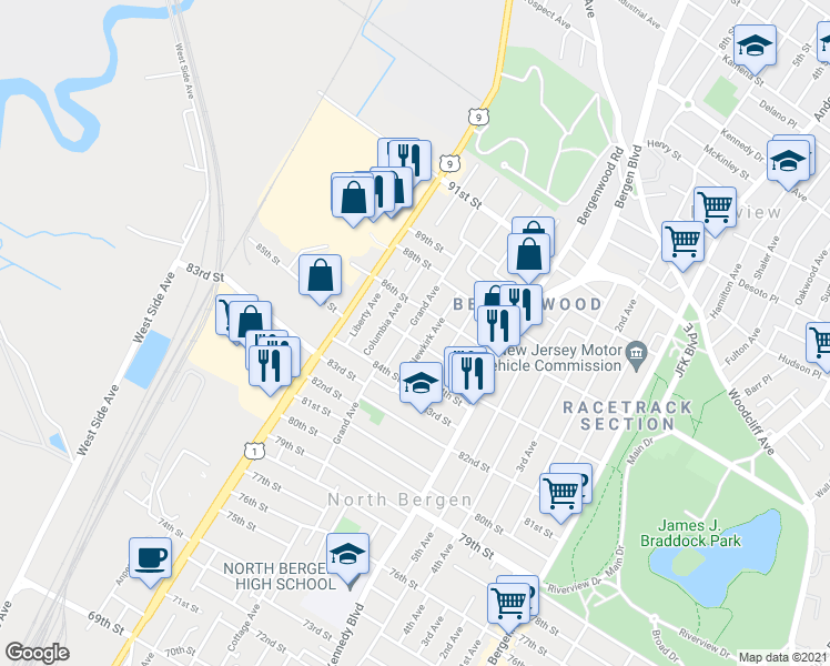 map of restaurants, bars, coffee shops, grocery stores, and more near 1410 85th Street in North Bergen