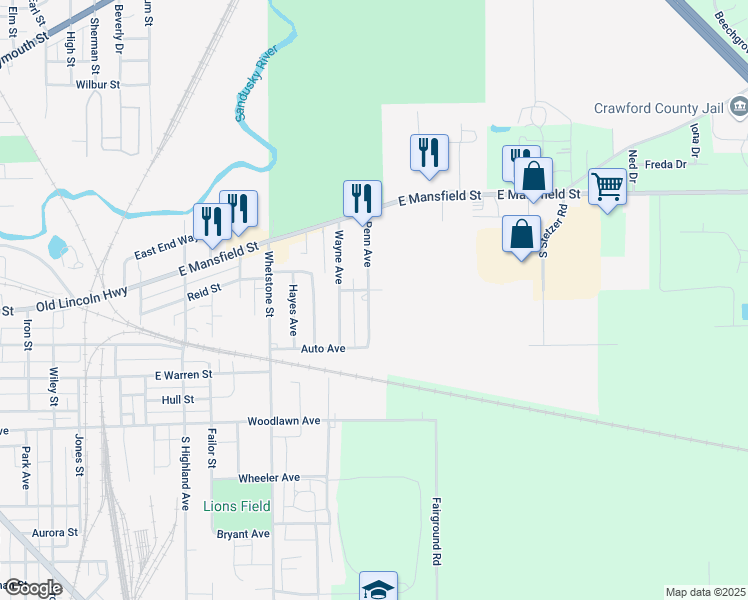 map of restaurants, bars, coffee shops, grocery stores, and more near 208 Penn Avenue in Bucyrus