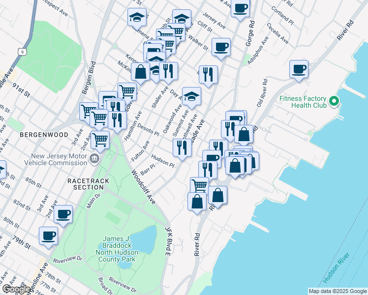 map of restaurants, bars, coffee shops, grocery stores, and more near 201 Desoto Place in Cliffside Park