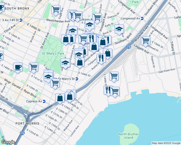 map of restaurants, bars, coffee shops, grocery stores, and more near 429 Bruckner Boulevard in The Bronx