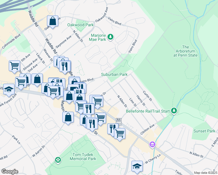 map of restaurants, bars, coffee shops, grocery stores, and more near 101 West Aaron Drive in State College