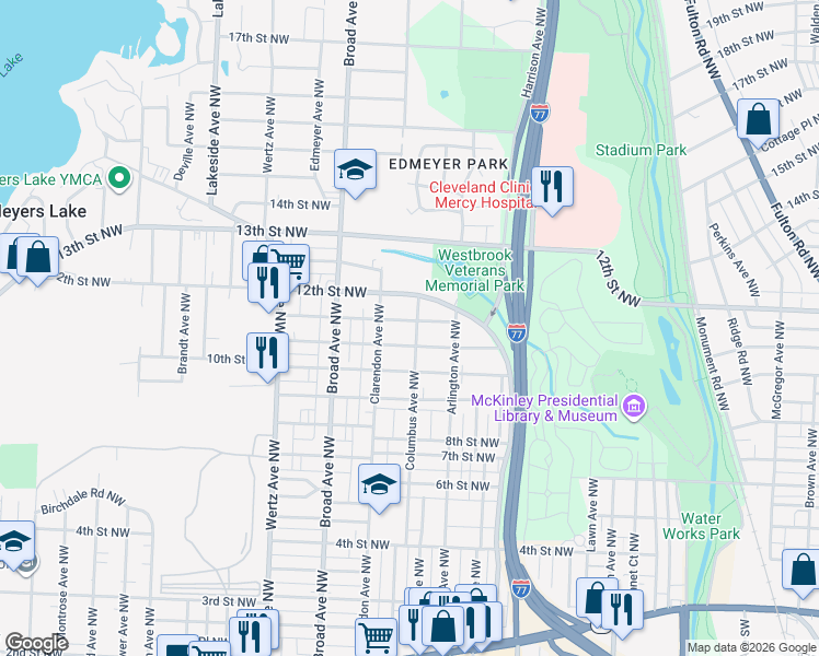 map of restaurants, bars, coffee shops, grocery stores, and more near 2506 Nicholas Place Northwest in Canton