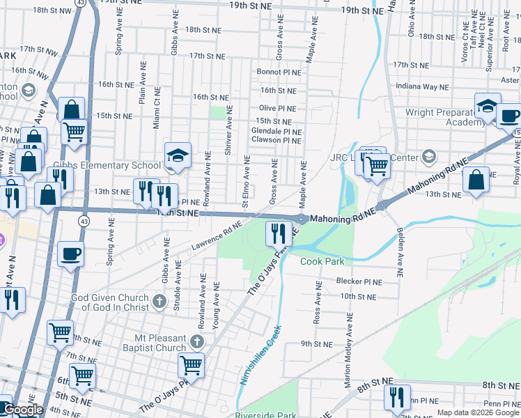 map of restaurants, bars, coffee shops, grocery stores, and more near 1215 Gross Avenue Northeast in Canton
