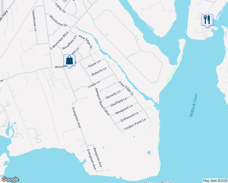 map of restaurants, bars, coffee shops, grocery stores, and more near 16 Beverly Lane in East Moriches