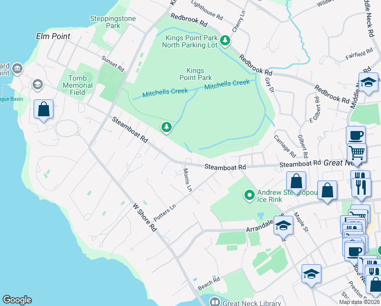 map of restaurants, bars, coffee shops, grocery stores, and more near 139 Steamboat Road in Great Neck