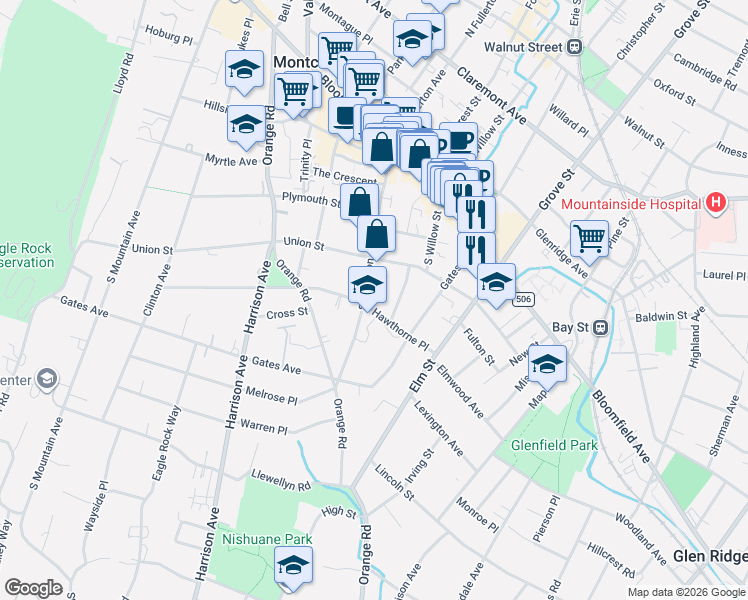 map of restaurants, bars, coffee shops, grocery stores, and more near 83 South Fullerton Avenue in Montclair