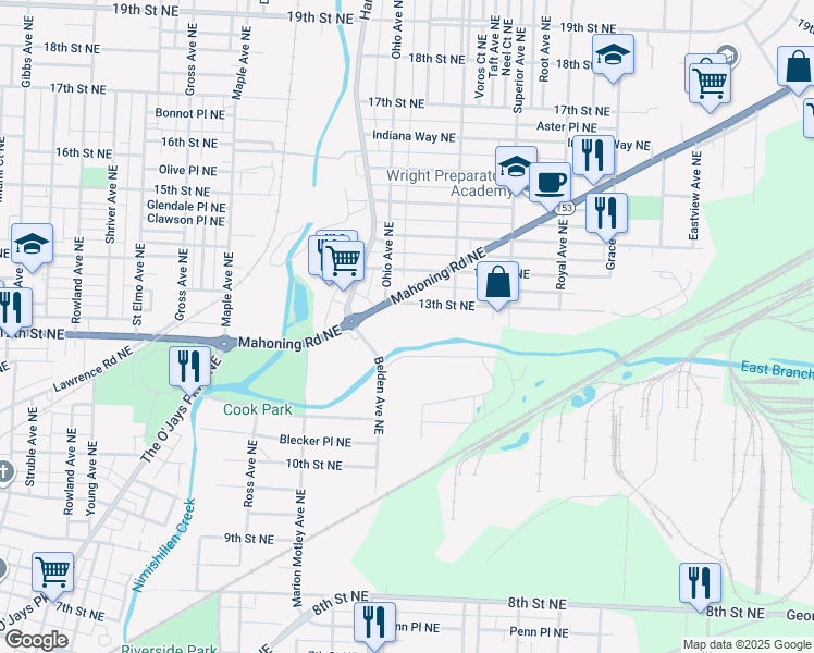 map of restaurants, bars, coffee shops, grocery stores, and more near 2206 13th Street Northeast in Canton