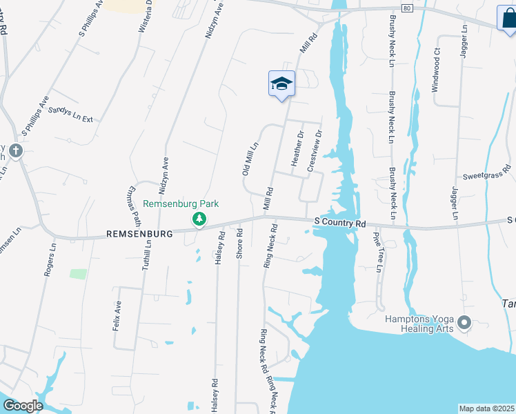 map of restaurants, bars, coffee shops, grocery stores, and more near 88 South Country Road in Remsenburg-Speonk