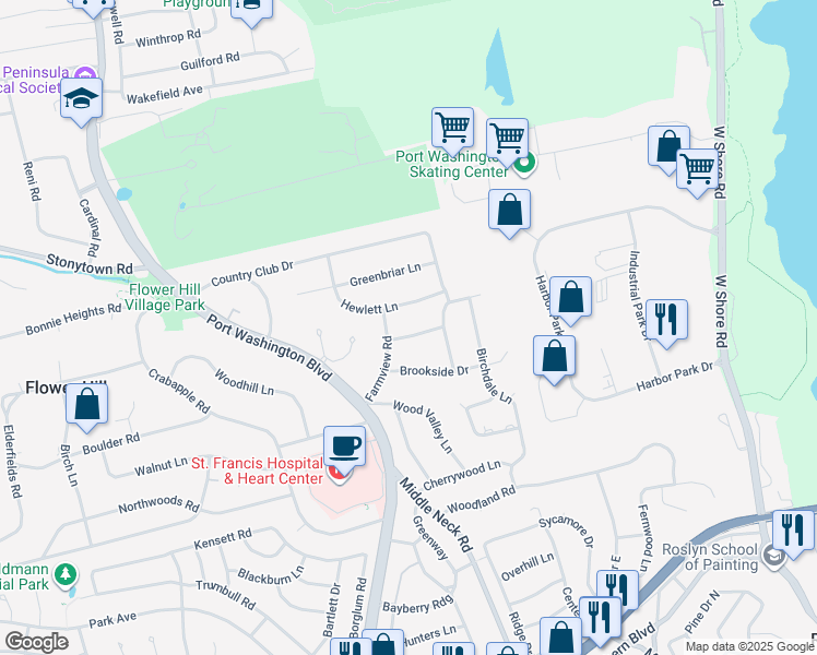 map of restaurants, bars, coffee shops, grocery stores, and more near 9 The Spur in Port Washington