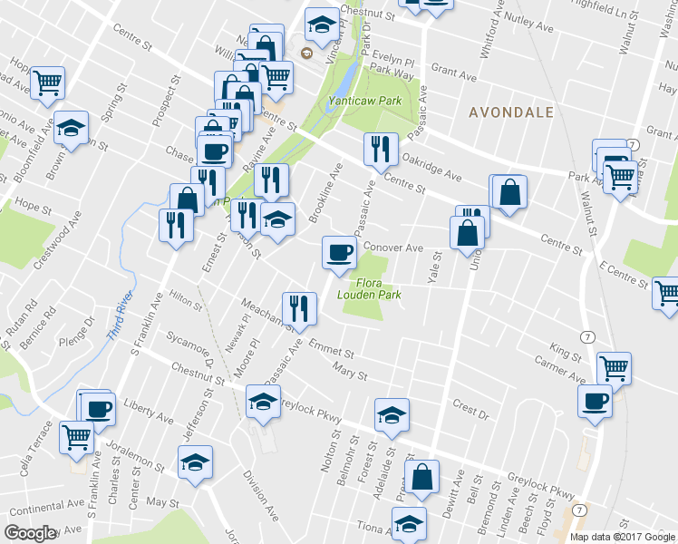 map of restaurants, bars, coffee shops, grocery stores, and more near 50 Passaic Avenue in Nutley