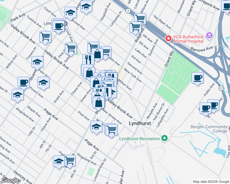 map of restaurants, bars, coffee shops, grocery stores, and more near 265 Harrington Avenue in Lyndhurst