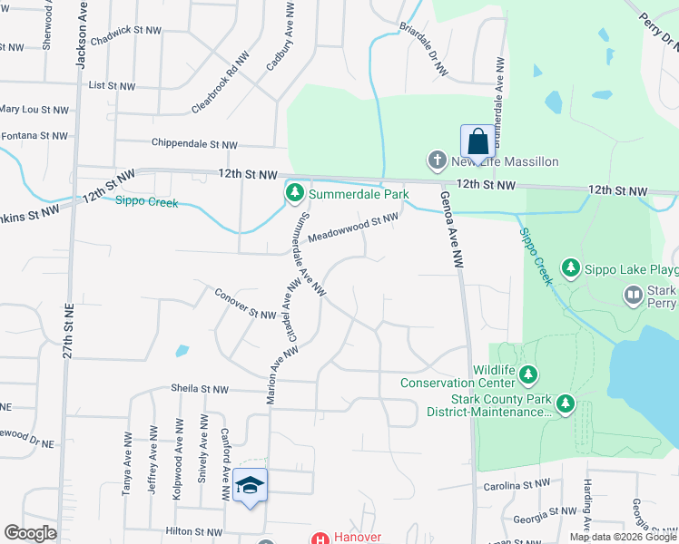 map of restaurants, bars, coffee shops, grocery stores, and more near 1078 Marion Avenue Northwest in Massillon