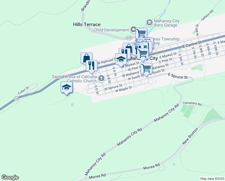 map of restaurants, bars, coffee shops, grocery stores, and more near 439 West Maple Street in Mahanoy City