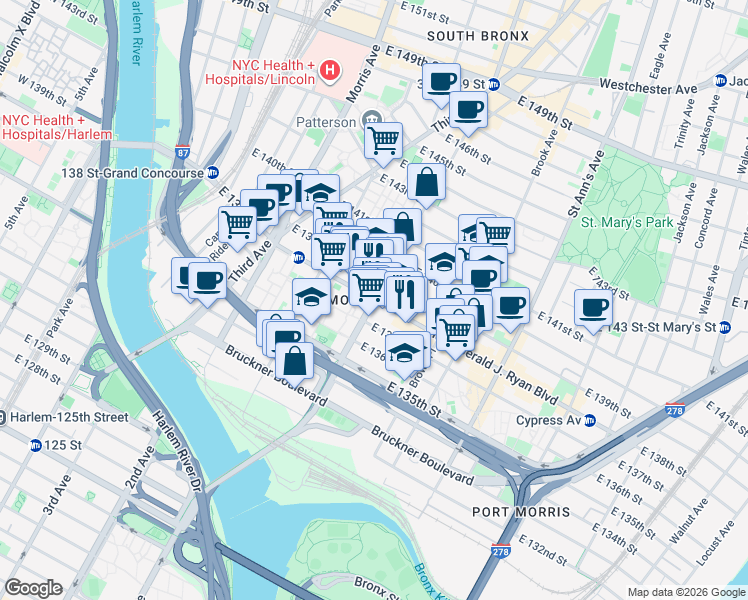 map of restaurants, bars, coffee shops, grocery stores, and more near in The Bronx