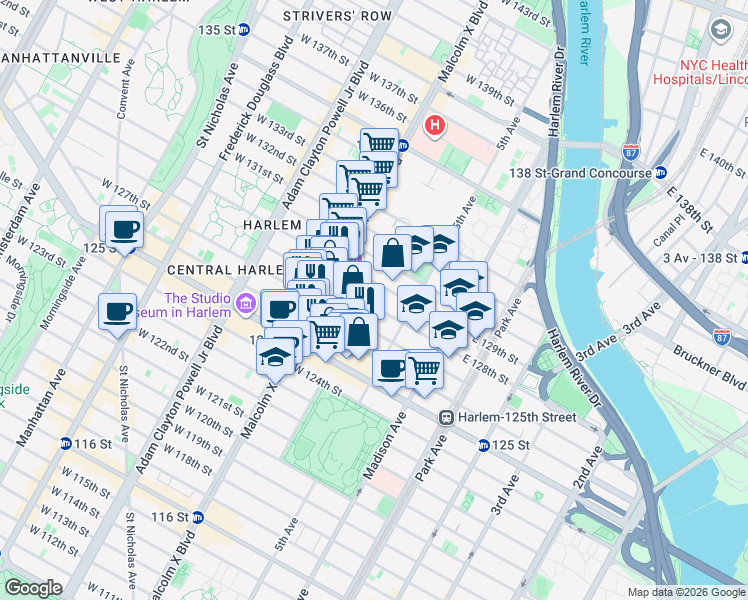 map of restaurants, bars, coffee shops, grocery stores, and more near 34 West 128th Street in New York