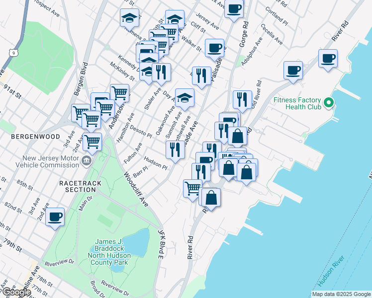 map of restaurants, bars, coffee shops, grocery stores, and more near 136 Cedar Street in Cliffside Park