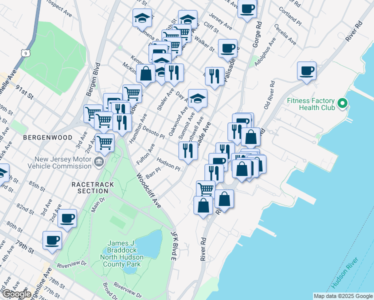 map of restaurants, bars, coffee shops, grocery stores, and more near 210 Desoto Place in Cliffside Park