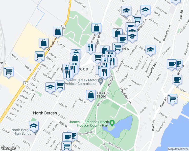 map of restaurants, bars, coffee shops, grocery stores, and more near 705 90th Street in North Bergen