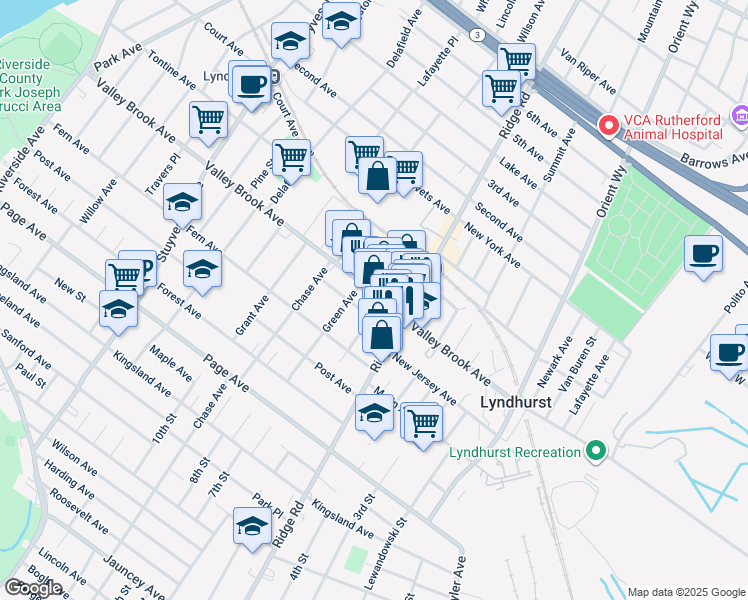 map of restaurants, bars, coffee shops, grocery stores, and more near 304 Milburn Avenue in Lyndhurst